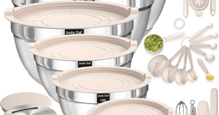 Mixing Bowls with Airtight Lids Set, 26PCS Stainless Steel Khaki Bowls with Grater Attachments, Non-Slip Bottoms & Kitchen Gadgets Set, Size 7, 4, 2.5, 2.0,1.5, 1QT, Great for Mixing & Serving